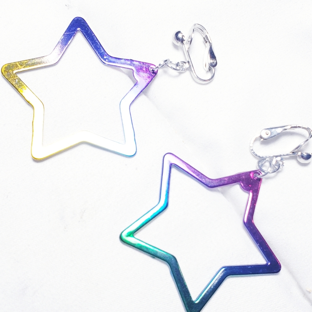 1.5" Sil Clips Hollow Dangle Rainbow Star Earrings